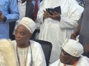 Senator Alli congratulates Ladoja on elevation as beaded crown-wearing Oba